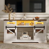 Fameill TV Stand for Televisions up to 65 Inch with Sliding Barn Doors, Glass Media Entertainment Center Storage Cabinet, Adjustable Led Light Farmhouse Console Table, Mid Century Modern White Fameill