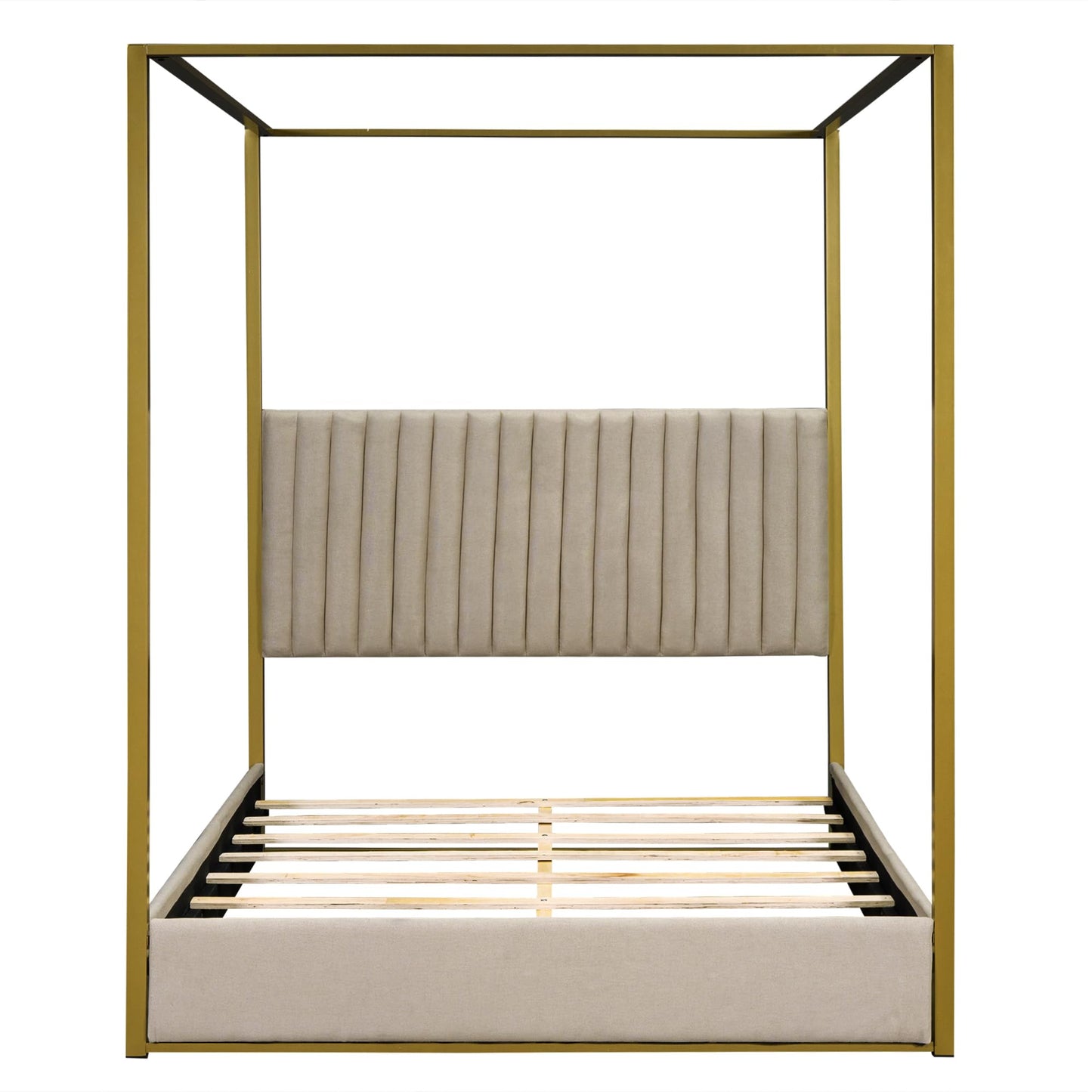 Queen Size Upholstery Canopy Platform Bed with Headboard and Metal Frame,for Kids Teen Boys Girls Bedroom Use (Beige@Linen, Queen)