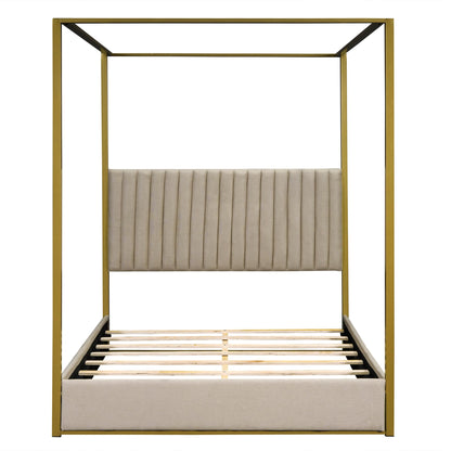 Queen Size Upholstery Canopy Platform Bed with Headboard and Metal Frame,for Kids Teen Boys Girls Bedroom Use (Beige@Linen, Queen)