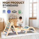 BlueWood Pikler Triangle Set 7in1 Foldable Baby Climbing Toys Wooden Montessori Climbing Set with Arch&Ramp&Ladder Baby Climber Indoor Jungle Gyms for Toddlers Montessori Toys - Sky Blue BlueWood