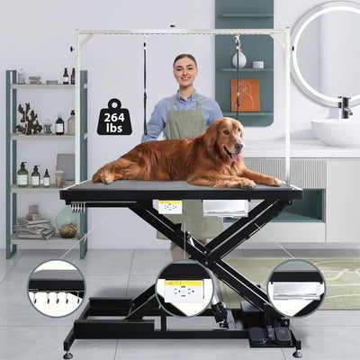 UDSONFY Electric Pet Dog Grooming Table, 50" Heavy Duty Grooming Table Professional X-Lift for Large Dogs Adjustable Height: 11.3"-40" Non-slip, AC Outlets, Storage Tray, 2 Nooses, Black