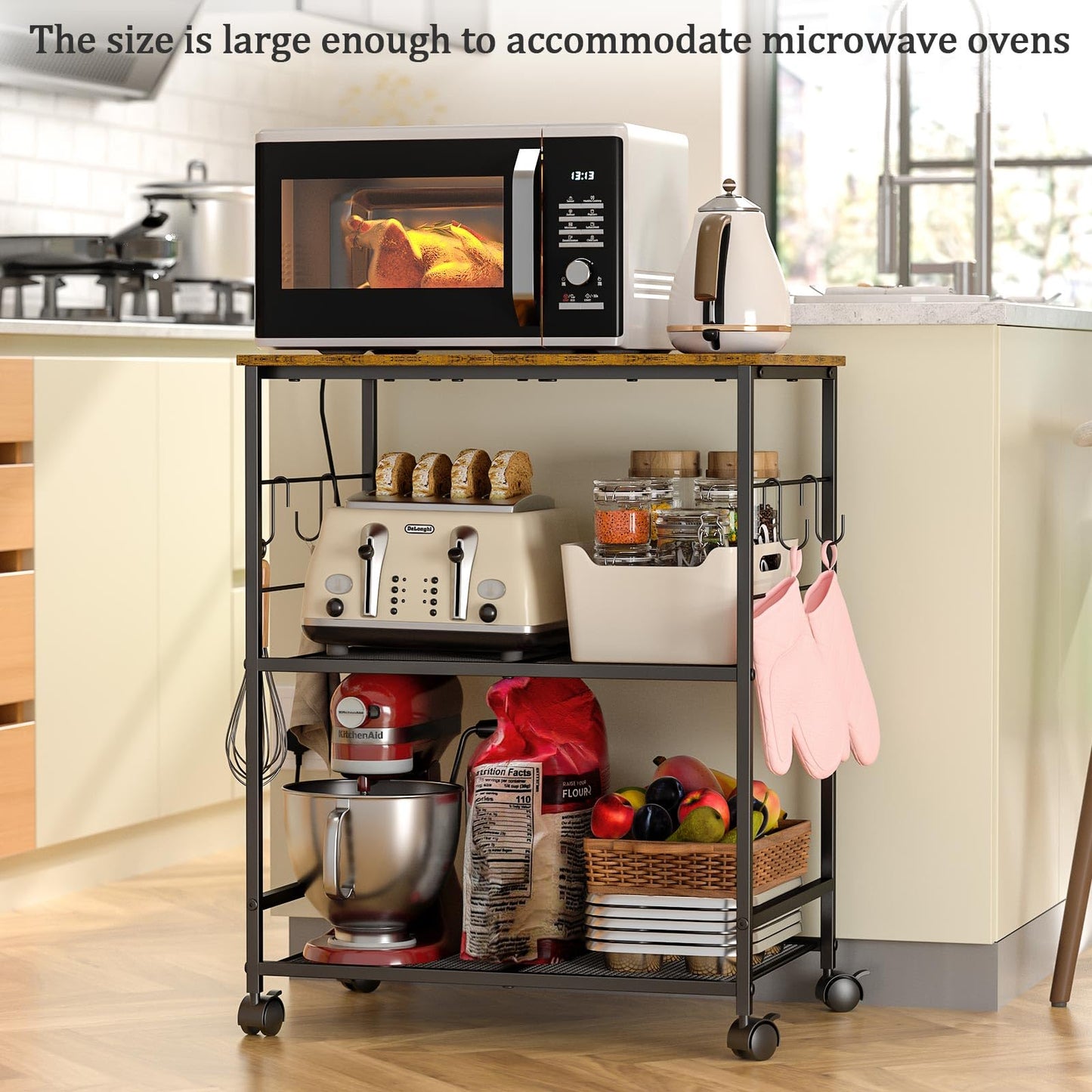 ThreeHio Rolling Kitchen Microwave Cart, 3 Tier Microwave Table Stand with Storage, Kitchen Utility Cart on Lockable Wheels, Small Coffee Cart Shelf Rack Organizer for Living Room Office, Balcony