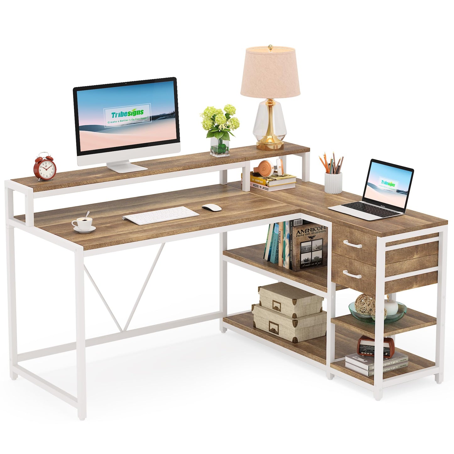 LITTLE TREE Reversible L-Shaped Computer Desk with hutch & Shelf,white - WoodArtSupply