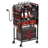 JUNNUJ Large Power Tool Organizer Cart with Charging Station, Garage Floor Standing Rolling Drill and Tools Battery Storage Cart on Wheels, Heavy Duty Utility Rack Shelf with 8 Outlet Power Strip, Red JUNNUJ