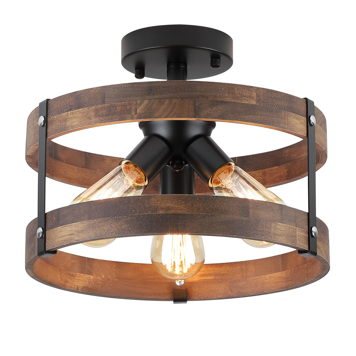 3-Light Rustic Farmhouse Wood Flush Mount Ceiling Light Fixture Oak Wood Round Drum Semi Flush Mount Ceiling Light for Hallway Hall Entry Bedroom Farmhouse Indoor, Black RKUCSR