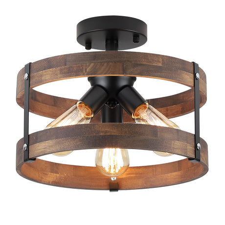 3-Light Rustic Farmhouse Wood Flush Mount Ceiling Light Fixture Oak Wood Round Drum Semi Flush Mount Ceiling Light for Hallway Hall Entry Bedroom Farmhouse Indoor, Black RKUCSR