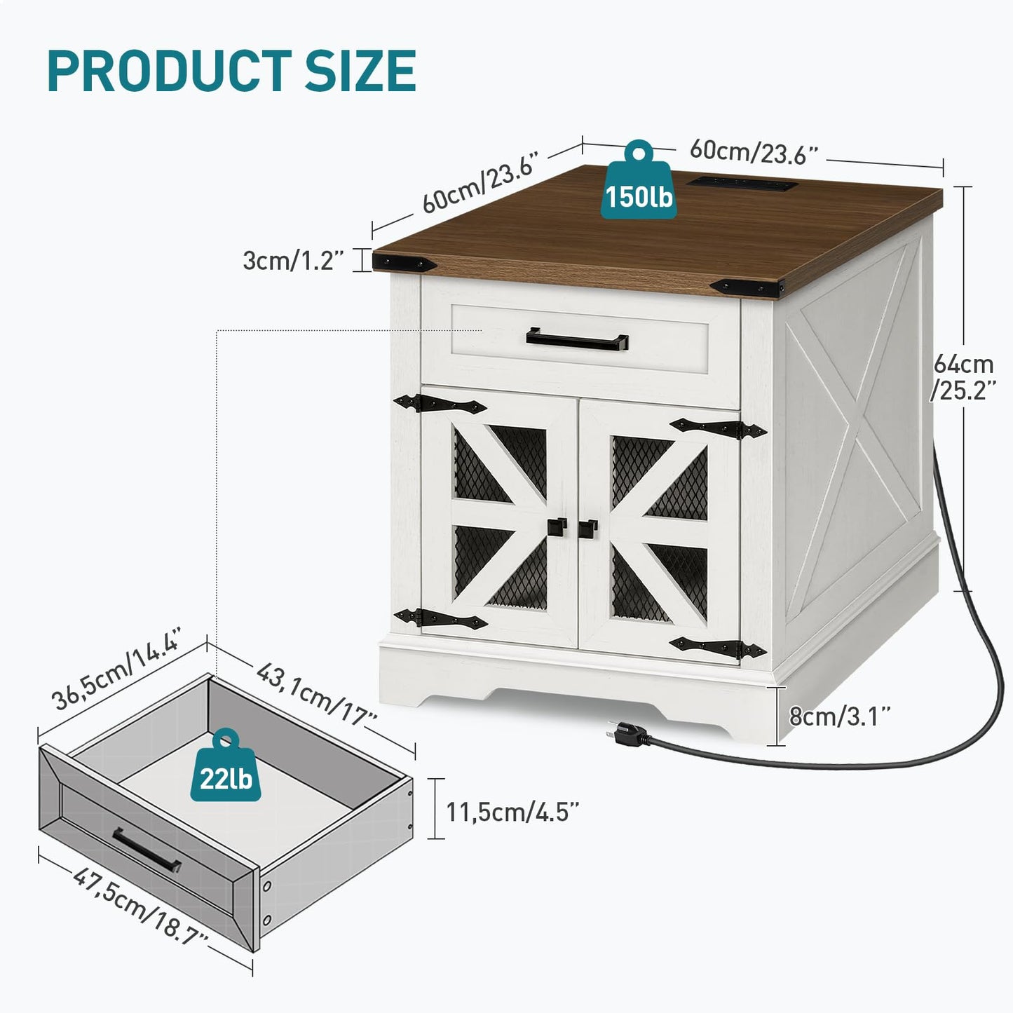 RALGEND White Farmhouse End Table with Charging Station, 24" Large Sofa Side Table with Drawer, Large End Table for Living Room, Wooden Nightstand with Outlet, Square, White and Walnut 66BZUW - WoodArtSupply