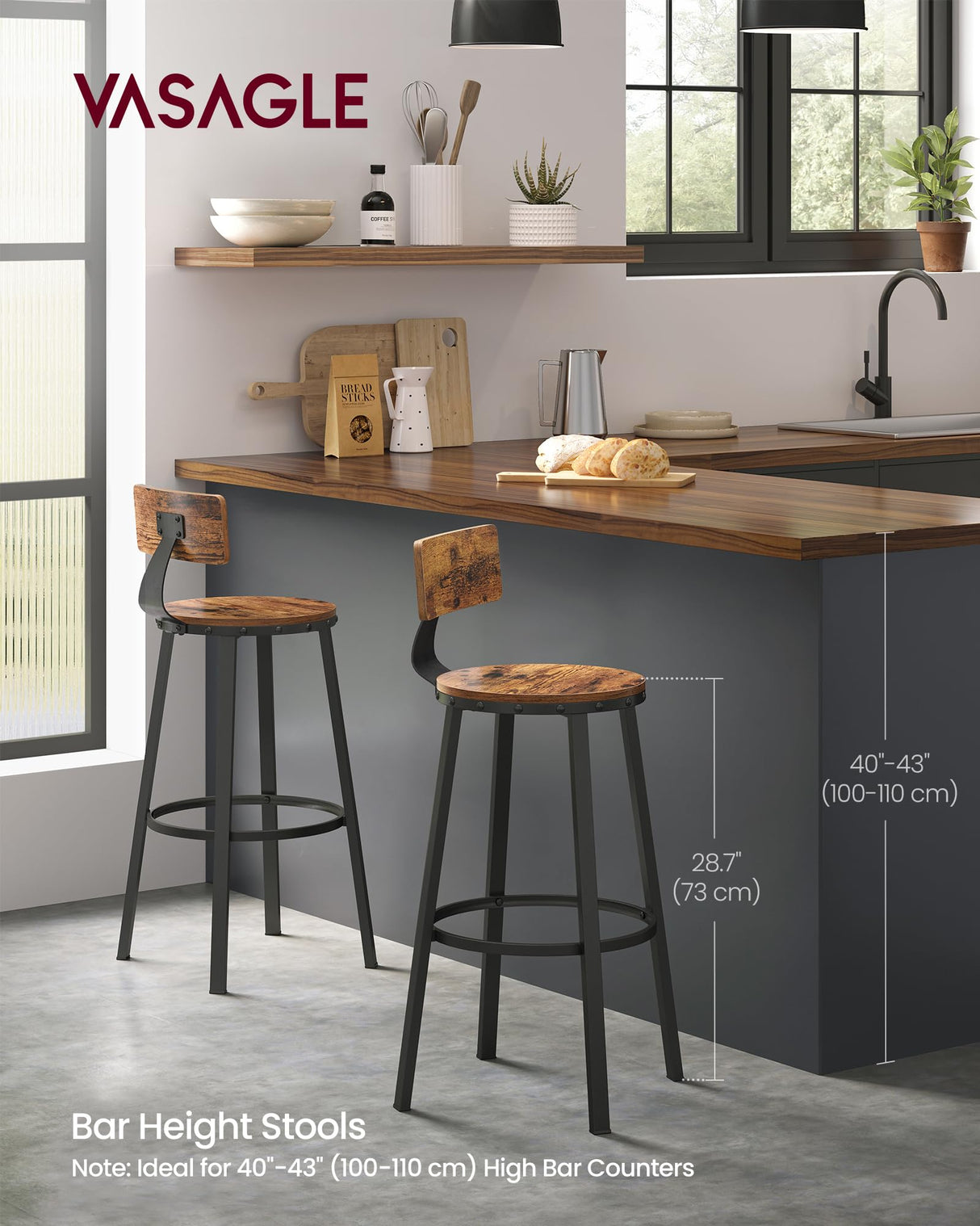 VASAGLE Bar Stools Set of 2, Bar Height Barstools with Back, Counter Stools Bar Chairs with Backrest, Steel Frame, Easy Assembly, Industrial, Rustic Brown and Black ULBC026B01V1 VASAGLE