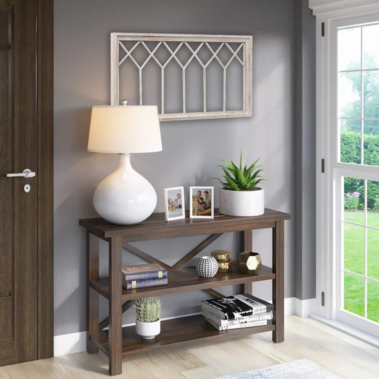 Sintosin Rustic Wood Window Frames for Wall Decor 40 x 20 inches, Hanging Distressed White Farmhouse Window Frame Wall Decor, Decorative Window Frame Decor for House Living Room Bedroom Christmas Sintosin