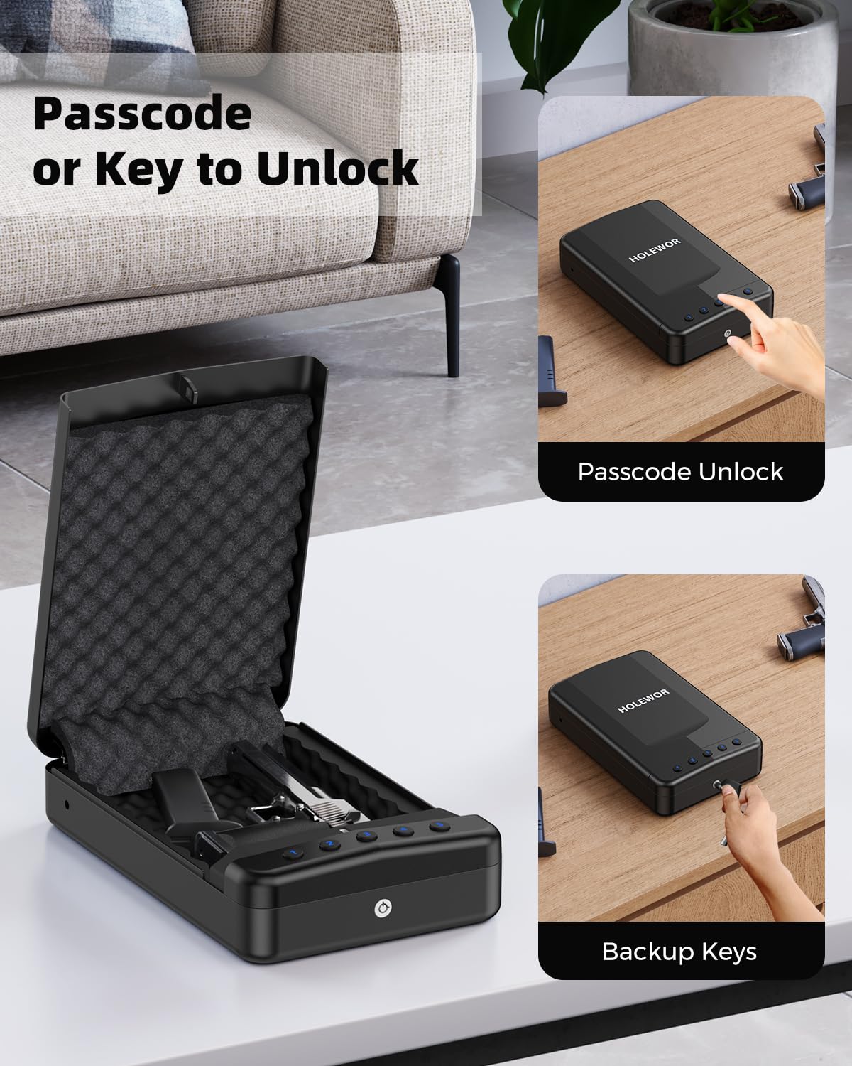 HOLEWOR Pistol Safe Car Gun Safe Small Handgun Safe Quick Release Portable Keypad Gun Lock Box for Nightstand, Bedside, Vehicle Under Seat, Drawer HOLEWOR