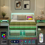 Full Size Bed Frame with Charging Station & LED Lights, Full Metal Platform Bed Frame with Headboard and Footboard, Storage Space Under Bed, No Box Spring Needed, Noise Free, Easy Assembly, White Jenmit