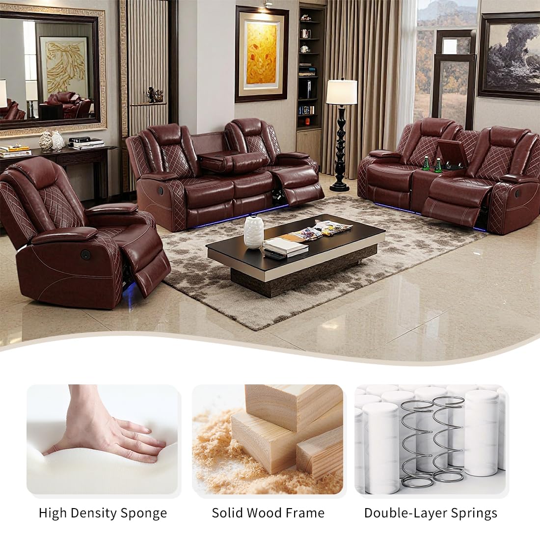 Toseslo Power Recliner Sofa Set, Brown Leather 3 Pieces Sectional Couch, Living Room Furniture Sets with LED Light, Modern Power Reclining Sets with Storage Console/Cup Holder for Living Room Toseslo