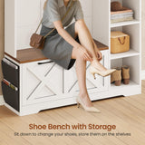 Itaar Hall Tree with Bench and Shoe Storage, Farmhouse Entryway Bench with Coat Rack, Shoe Cabinet with Flip Drawers, 7 Shelves, 10 Coat Hooks, Storage Bag, Led Lights, White Itaar