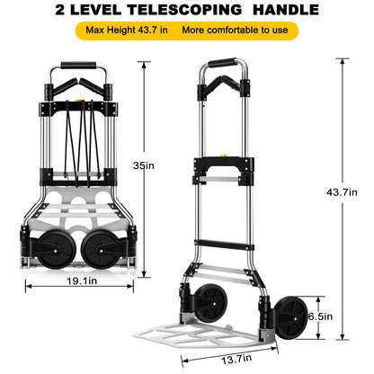 330 LB Capacity Folding Hand Truck Dolly Cart, Portable Aluminum Dolly Cart with Telescoping Handle and Rubber Wheels for Moving,Shopping,Travel,Office Use