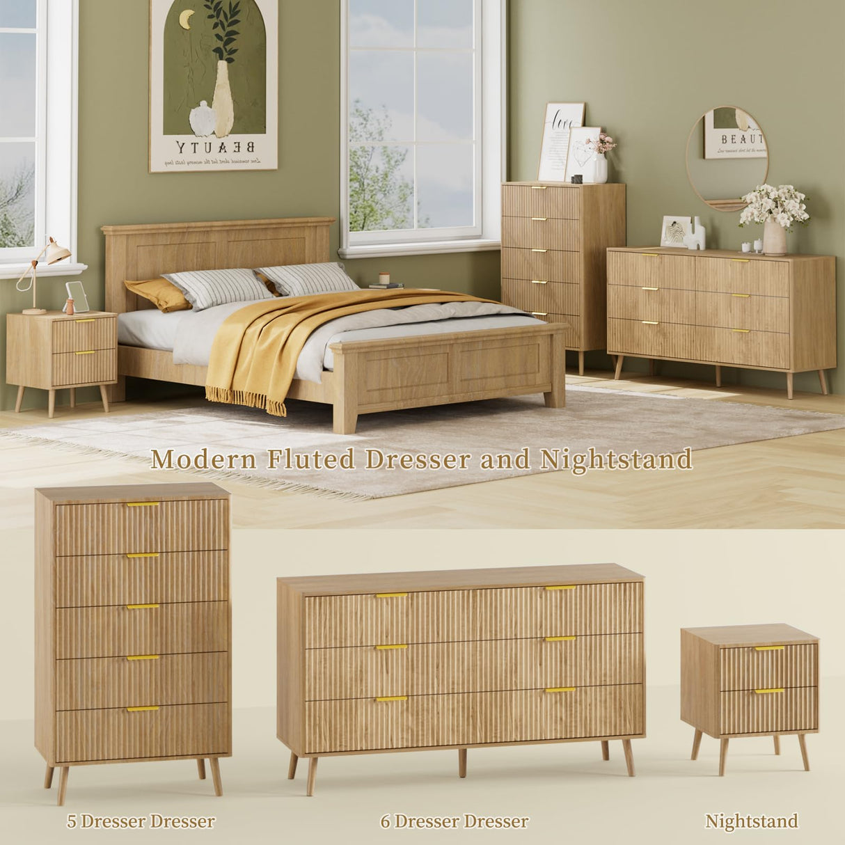 LYNSOM Fluted 5 Drawers Dresser, 45" Tall Modern Chest of Drawers with Metal Handle and Curved Profile Design, Wood Drawer Organizer for Bedroom, Living Room, Hallway, Entryway, Natural Oak LYNSOM