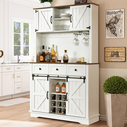 4 EVER WINNER Farmhouse Coffee Bar Cabinet with Sliding Barn Doors, 72” Tall Kitchen Pantry Cabinet with Wine & Glass Rack, Kitchen Hutch Buffet Cabinet with Drawers for Dining Room, White - WoodArtSupply