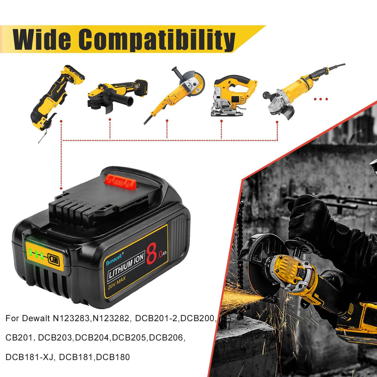 Bonacell 2Pack 8000mAh Lithium Replacement for Dewalt 20V MAX Battery DCB206 DCB204 DCB200 DCB180 DCB181 DCD/DCF/DCG Series Bonacell
