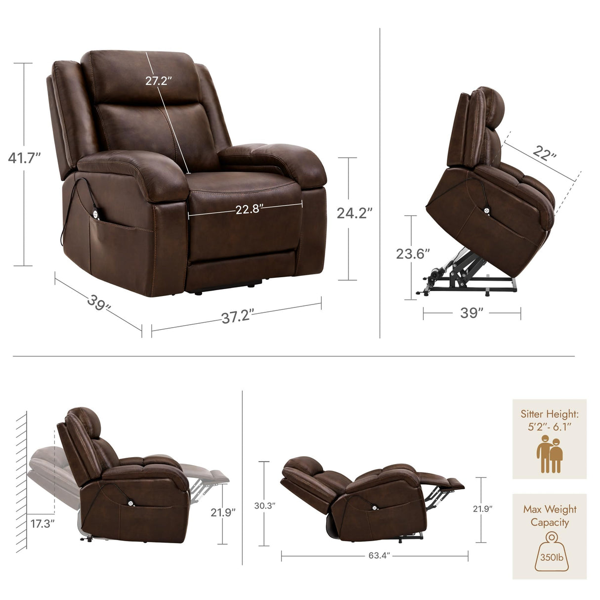 Watson & Whitely Genuine Leather Power Lift Recliner Chair for Elderly with Heat and Massage, Electric Lay Flat Lift Chairs with Power Headrest & Visual Remote Control, Dual Motor, Dark Brown Watson & Whitely