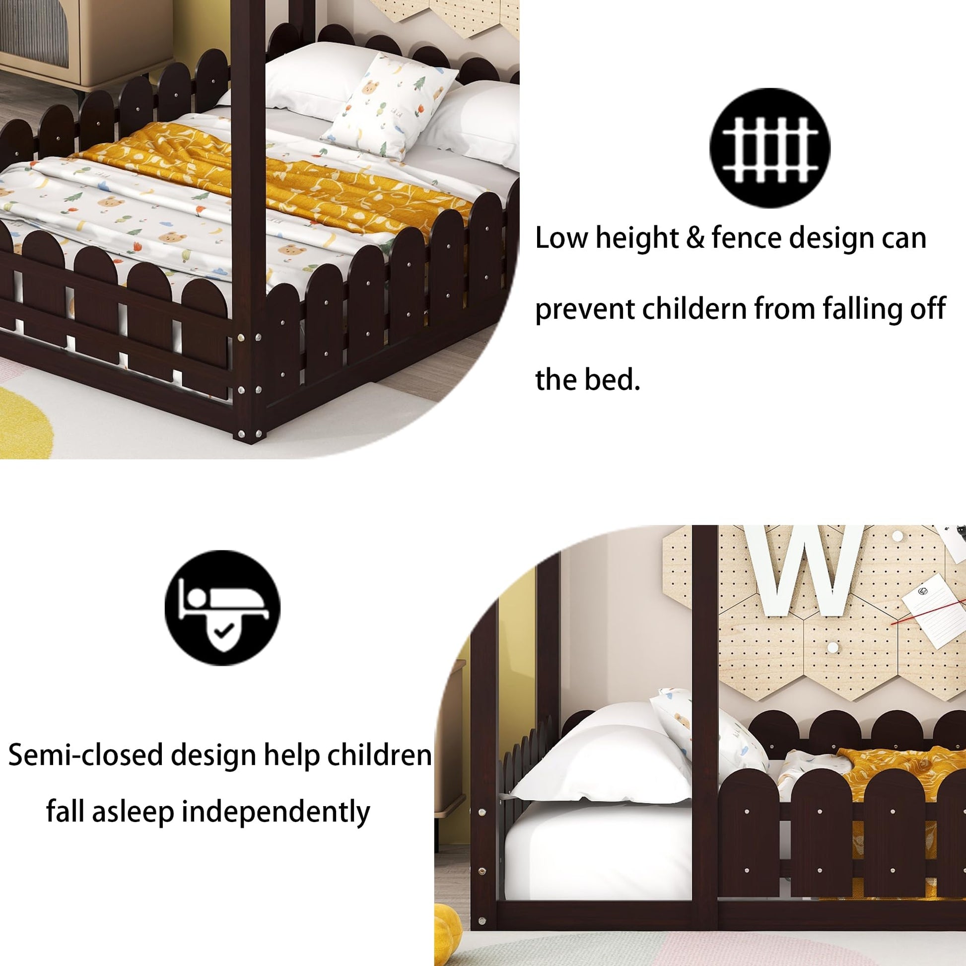 Harper & Bright Designs Montessori Full Size House Bed with Fence-Shaped Guardrails for Kids - Espresso - WoodArtSupply