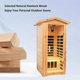 Xmatch Far Infrared Wooden Outdoor Sauna, 1-Person Size, w/1560W, 6 Low EMF Heaters, 10 Minutes Pre-Warm up, Time and Temp Pre-Set, 2 Bluetooth Speakers, 1 LED Reading Lamp and 2 Chromotherapy Lights Xmatch