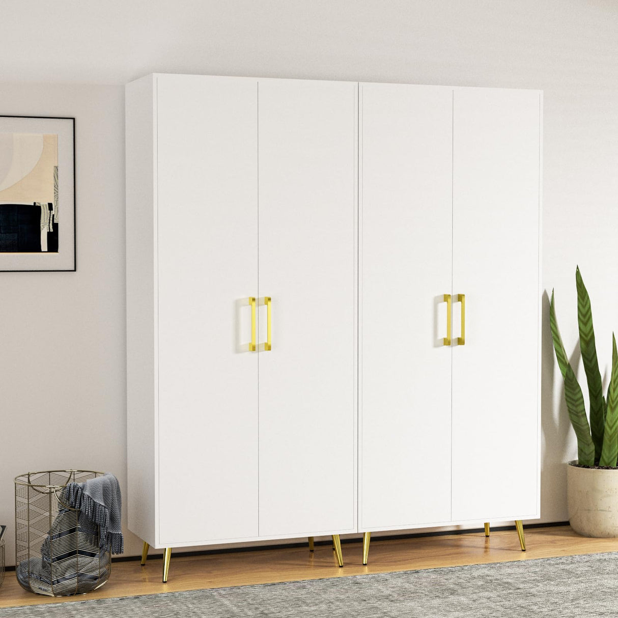 NOVAMAISON Storage Cabinet Set of 2, 69” Tall Storage Cabinet with Doors and Shelves, Freestanding Kitchen Pantry with Gold Handles and Legs, White NOVAMAISON