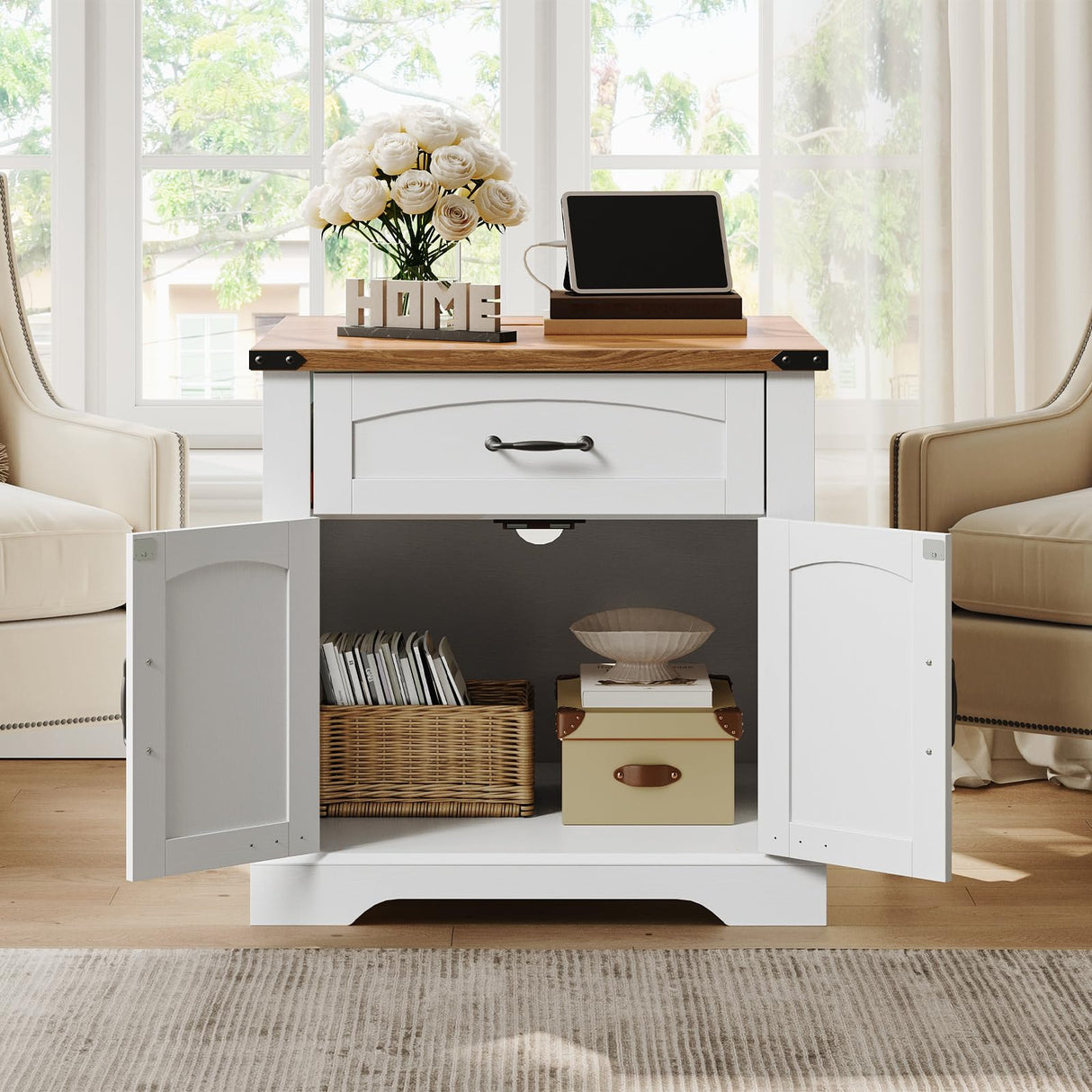 HOOBRO Farmhouse End Tables for Living Room, 23.6" Large End Table with Charging Station, Sofa Side Table with Drawer, Large Square Nightstand, Flip Top, White and Walnut WH605UBZ01 HOOBRO