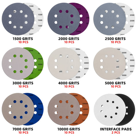 80pcs 5 inch 8 Hole Sanding Discs Hook and Loop 1500/2000/2500/3000/4000/5000/7000/10000 Grits Wet Dry Sandpaper with 2pcs Interface Pad for Random Orbital Sander Automotive Wood Metal Polishing TolleSonne