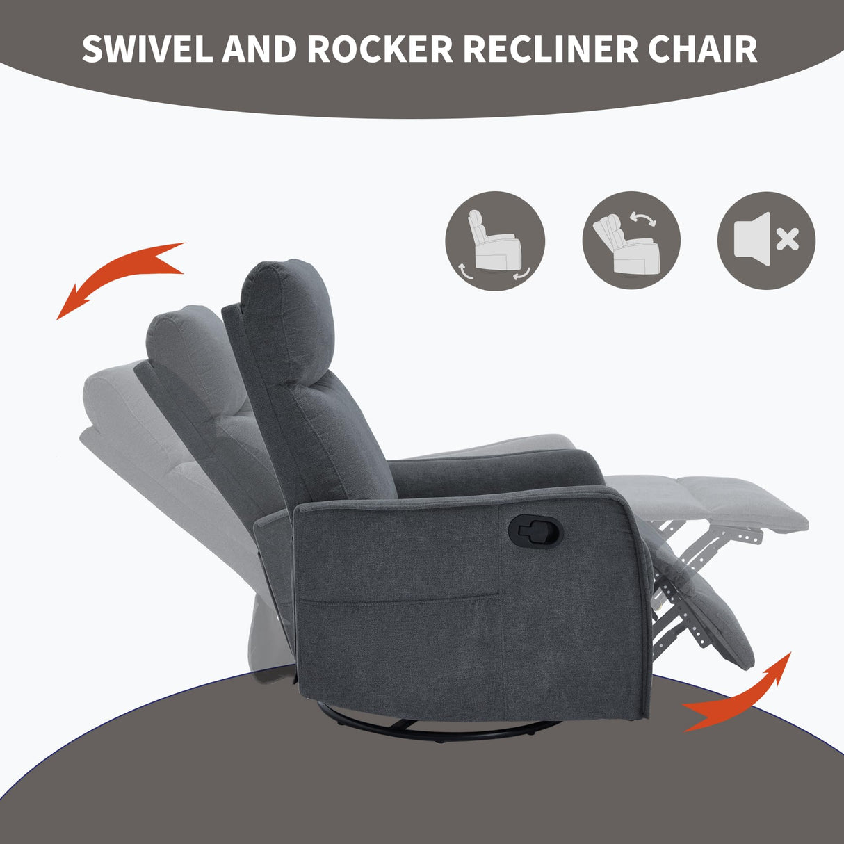 PELUMY Rocker Recliner Chair with Heat Massage - Manual Swivel Recliner for Living Room and Bedroom, 8 Vibration Points, Lumbar Heat, Glider Rocking Chair for Adults (Dark Grey) PELUMY