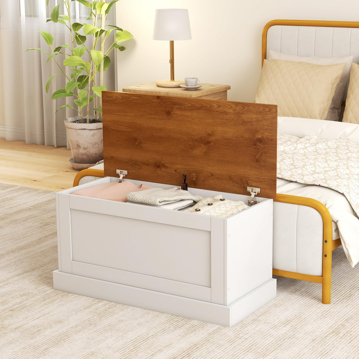 LOKO 35.5” Storage Bench, Lift Top Storage Box with Metal Hinges, Entryway Storage Chest with Safety Hydraulic Strut, Large Farmhouse Storage Trunk for Living Room, Bedroom, White and Natural LOKO