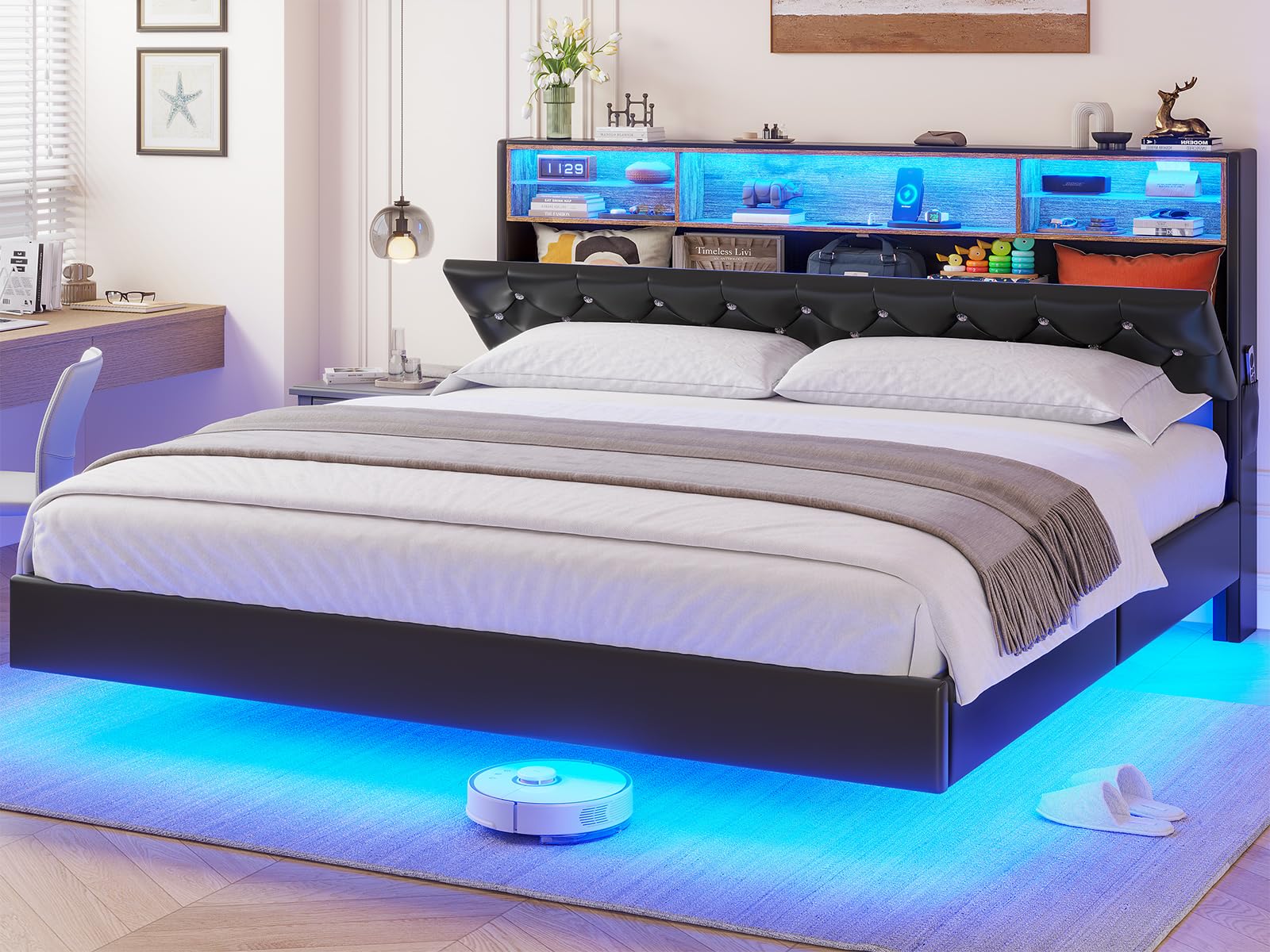 BTHFST King Size Floating Bed Frame with Hidden Storage, LED Lights, and Charging Station - WoodArtSupply