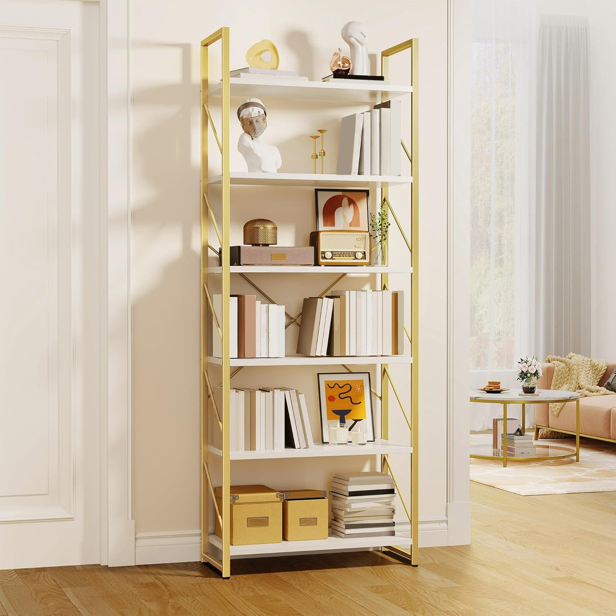 YITAHOME Tall Bookshelf 6 Tier Bookcase, Modern Gold Book Shelf, Open Display Storage Rack Shelves for Living Room/Bedroom/Home/Office/Kitchen, Holder Organizer for Books/Movies, White & Gold YITAHOME