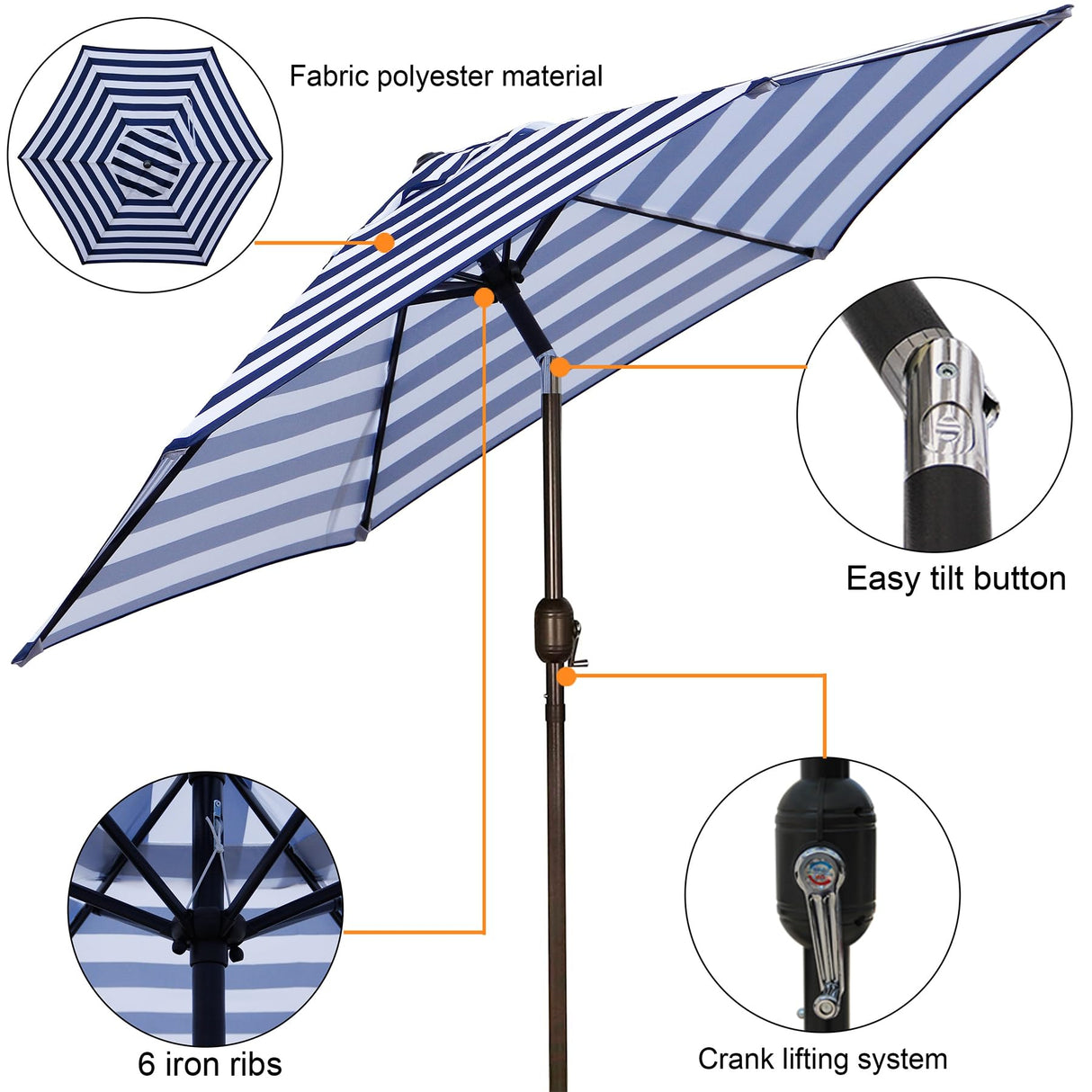 Blissun 7.5 ft Patio Umbrella, Yard Umbrella Push Button Tilt Crank (Blue&White) Blissun