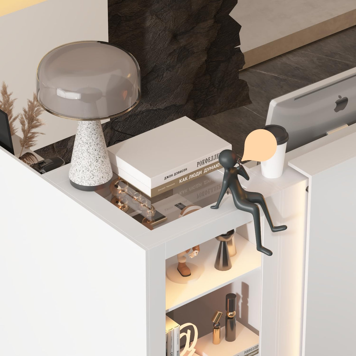 TAMUNE L-Shape Reception Desk with Lights, Front Counter Table with Glass Shelves, Reception Room Table, Counter Desk for Retail Checkout, Lobby Salon Store, White, 39.4”D x 47.2”W x 40.6”H TAMUNE