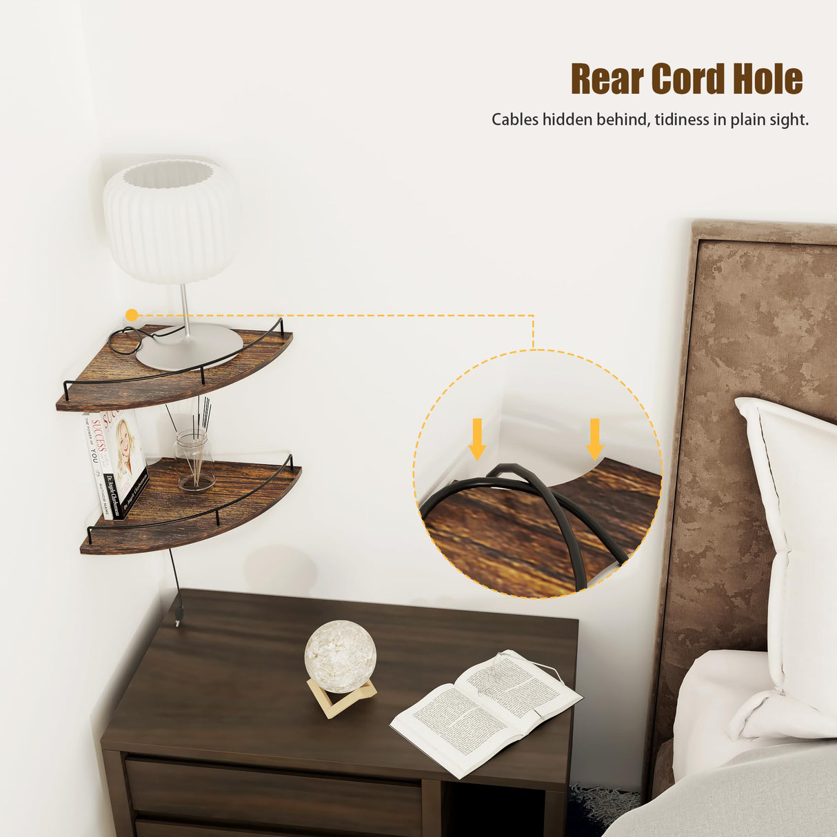 FNBAR Corner Floating Shelves, Rustic Brown Wood, Set of 2, Wall Mount Storage with Guardrail for Bathroom Kitchen Living Room FNBAR