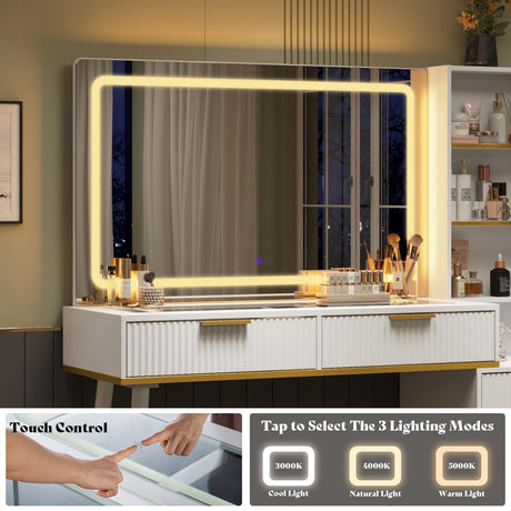 AMERLIFE 48" Vanity Desk with 35" Large Lighted Mirror, Big Modern Makeup Vanity Table with 5 Drawers & Shelves, Dressing Table with Charging Station/Glass Desktop/White AMERLIFE