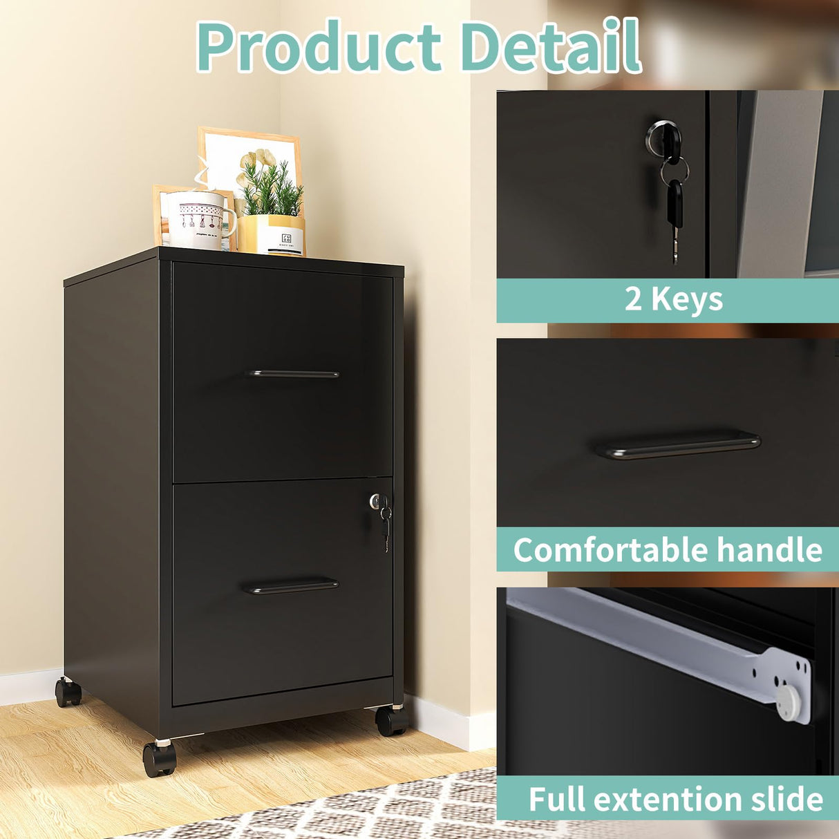 AQY 2 Drawer Mobile File Cabinet with Lock, Rolling Metal Filing Cabinet for Home Office, Vertical File Cabinet on Wheels, Small Black File Storage Cabinets for Legal/Letter/A4 Files Assembly Require AQY