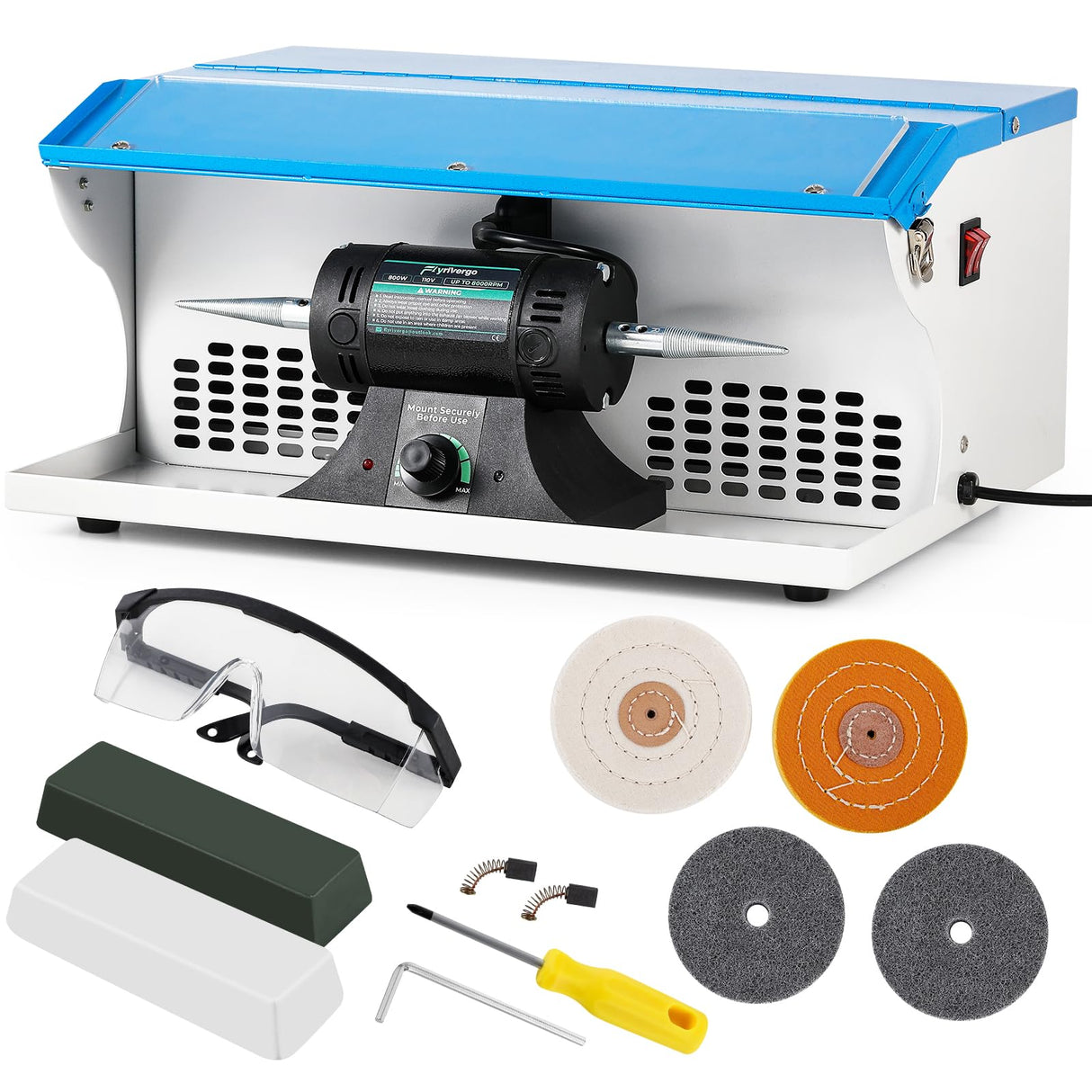 Flyrivergo Jewelry Polishing Machine, Bench Buffer Polisher 800W 110V Adjustable Variable Speed Polishing Machine with Dust Collector, Exhaust Fan Blower, Work Light and Motor Housing for Metal, Wood Flyrivergo