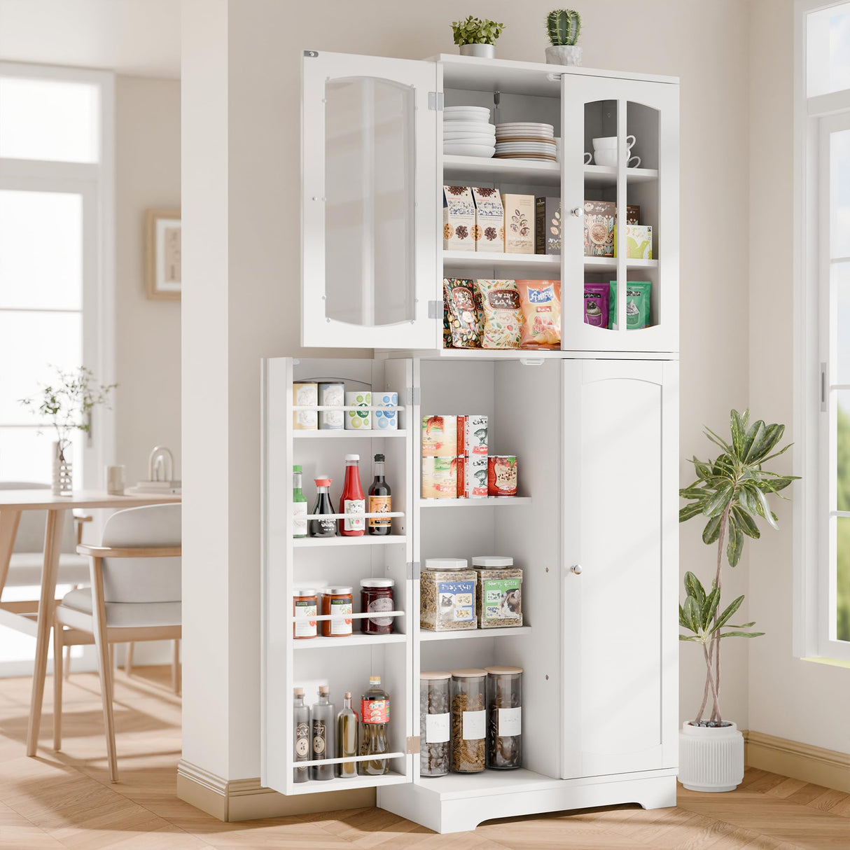 TOLEAD 64" Pantry Cabinet, Tall Storage Cabinet With Glass Doors & Adjustable Shelves for Kitchen, Living Room, Dining Room, White TOLEAD