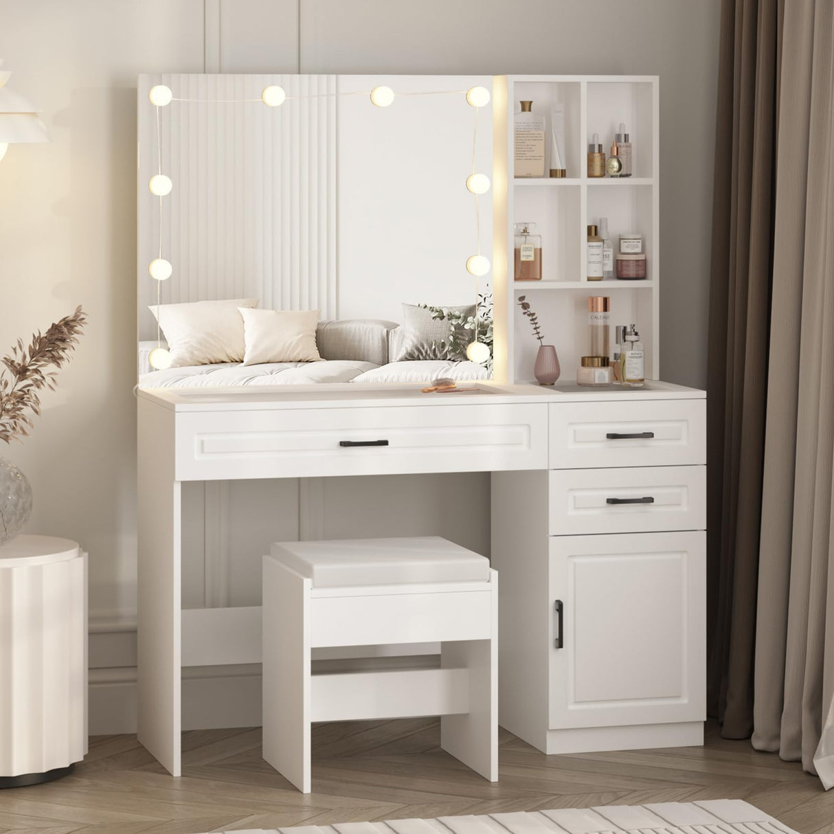 Vabches Vanity Desk Set with Lights and Mirror,White Makeup Desk with 3 Drawers & Storage Cabinet & Shelves,Glass Top Vanity Table Set with 10 Bulbs,3 Lighting Modes Adjustable Brightness Vabches