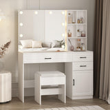 Vabches Vanity Desk Set with Lights and Mirror,White Makeup Desk with 3 Drawers & Storage Cabinet & Shelves,Glass Top Vanity Table Set with 10 Bulbs,3 Lighting Modes Adjustable Brightness Vabches