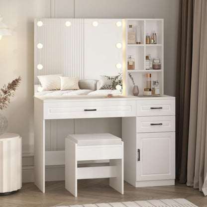 Vabches Vanity Desk Set with Lights and Mirror,White Makeup Desk with 3 Drawers & Storage Cabinet & Shelves,Glass Top Vanity Table Set with 10 Bulbs,3 Lighting Modes Adjustable Brightness