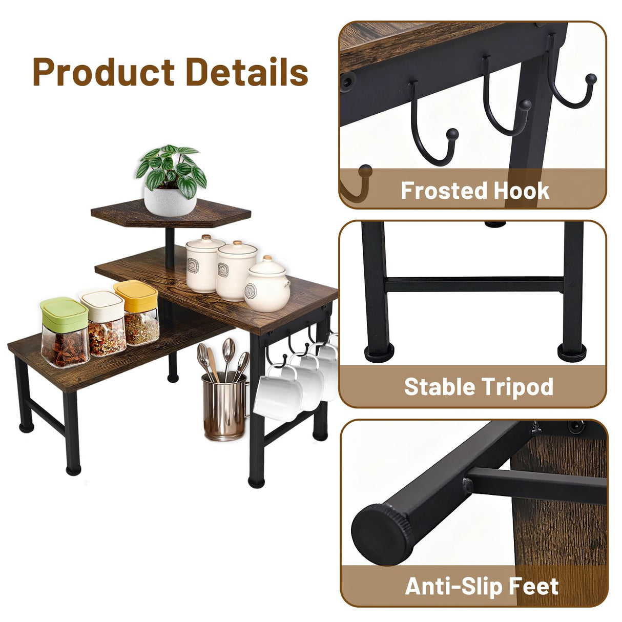 Uniqcovosa Kitchen Countertop Organizer, 3 Tier Moveable Corner Shelf Kitchen Shelf with Hook, Countertop Organizer for Bathroom, Spice Rack, Bookshelf, Coffee Area, Dresser Table (Brown) Uniqcovosa