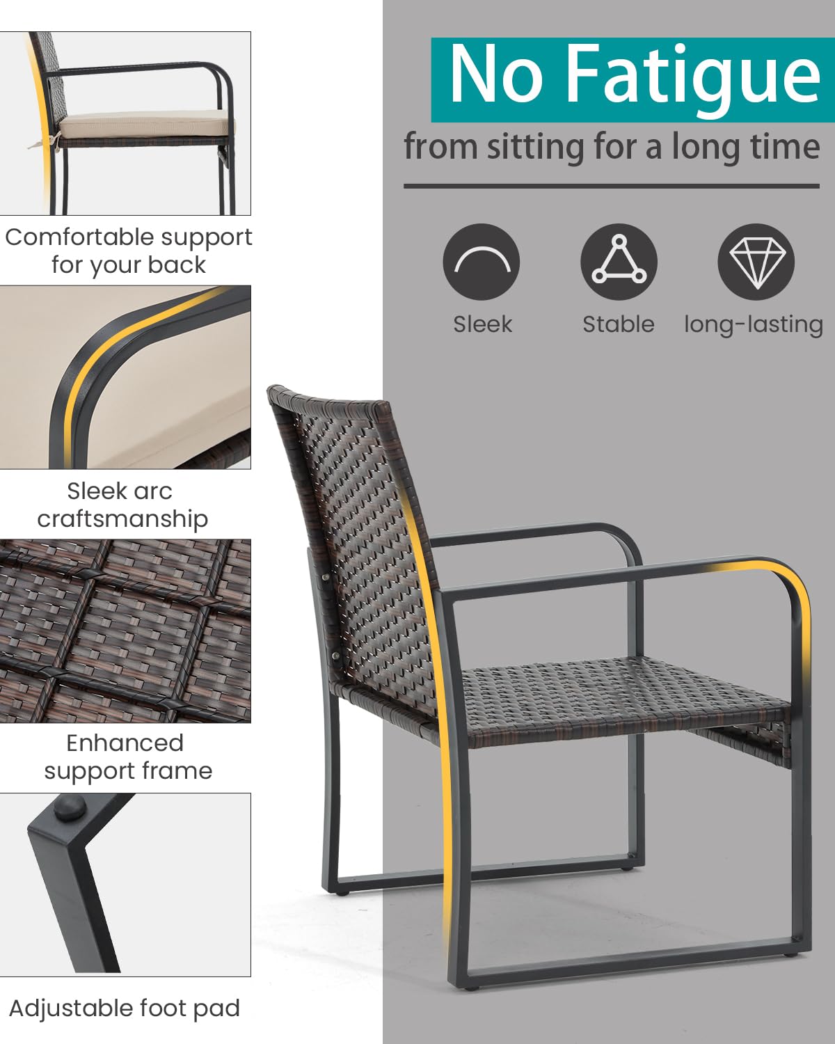 Bezseller 3 Piece Outdoor Patio Furniture Set, Patio Bistro Set Wicker Conversation Set, Modern Rattan Chair with Glass Coffee Table for Backyard, Porches, Poolside, Lawn and Balcony Bezseller