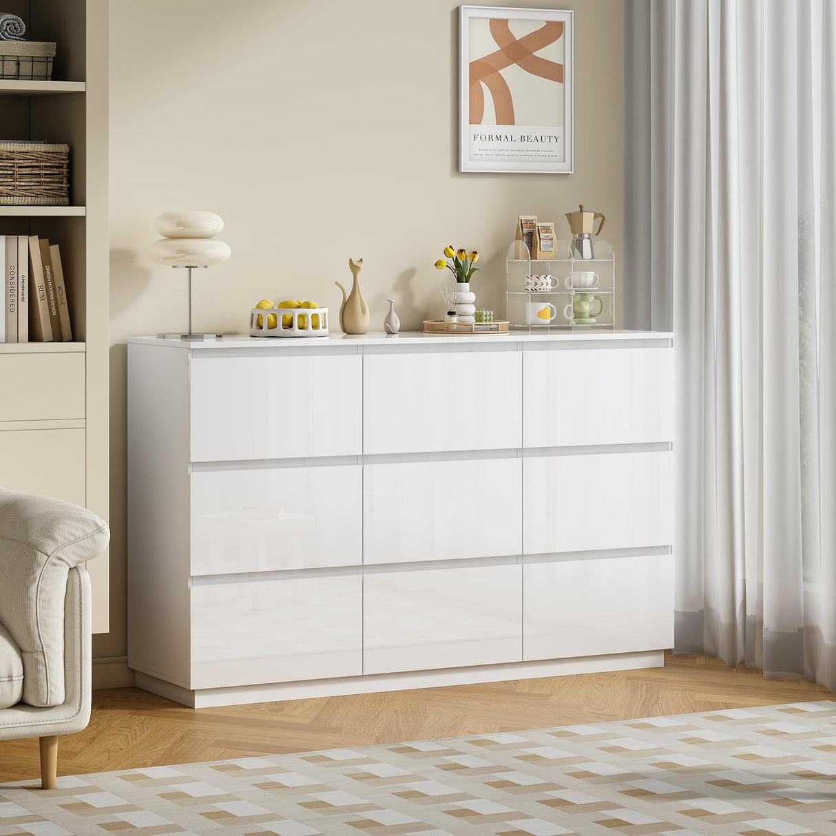 wanan 9 Drawer Dresser, Glossy White Dresser with LED Lights & Charging Station, Ball Bearing Slide wanan