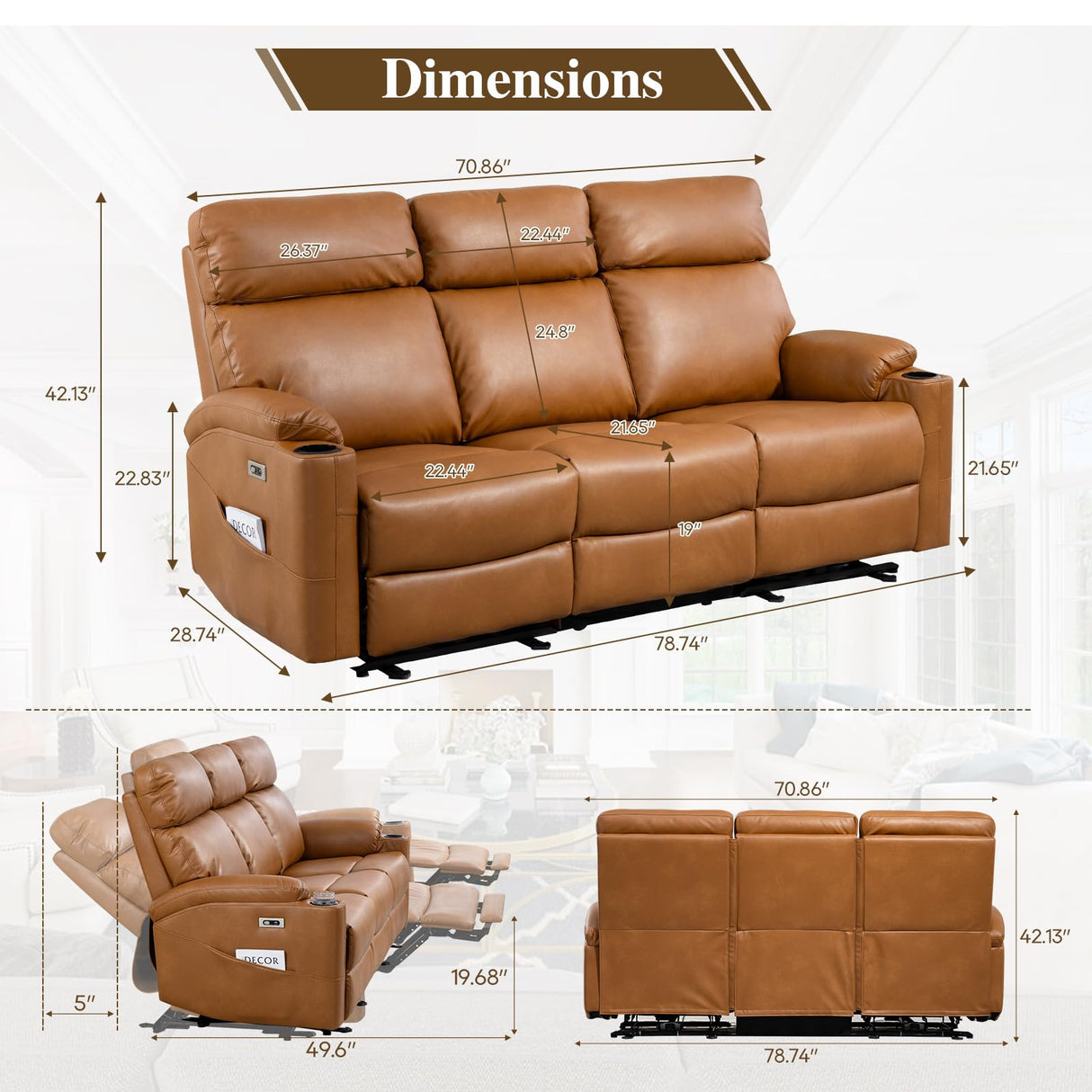 PALLOME Power Reclining Sofa, Electric 3-Seat Dual Recliner Sofa with USB Ports, Cup Holders, Wall Hugger Sofa & Couch for Living Room Home Theater Apartment RV (Brown) PALLOME