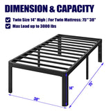 Hunlostten 14in Heavy Duty Twin Bed Frame No Box Spring Needed, Metal Platform Bed Frame Twin with Round Corners, Easy Assembly, Noise Free, Black Hunlostten