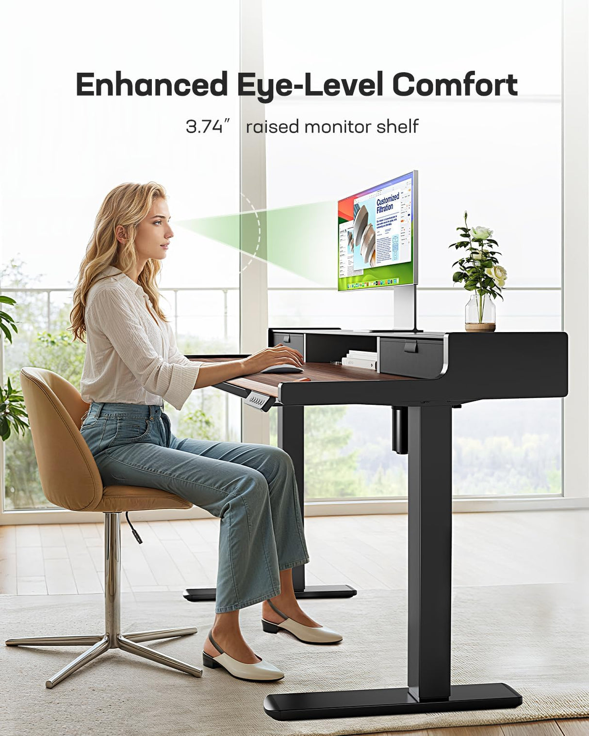 Marsail Electric Standing Desk with Drawers, 48 x 24 Inch Stand Up Desk with Glass Monitor Stand, Height Adjustable Desk with Drawers for Home & Office, 4 Preset Heights, Black Walnut Marsail