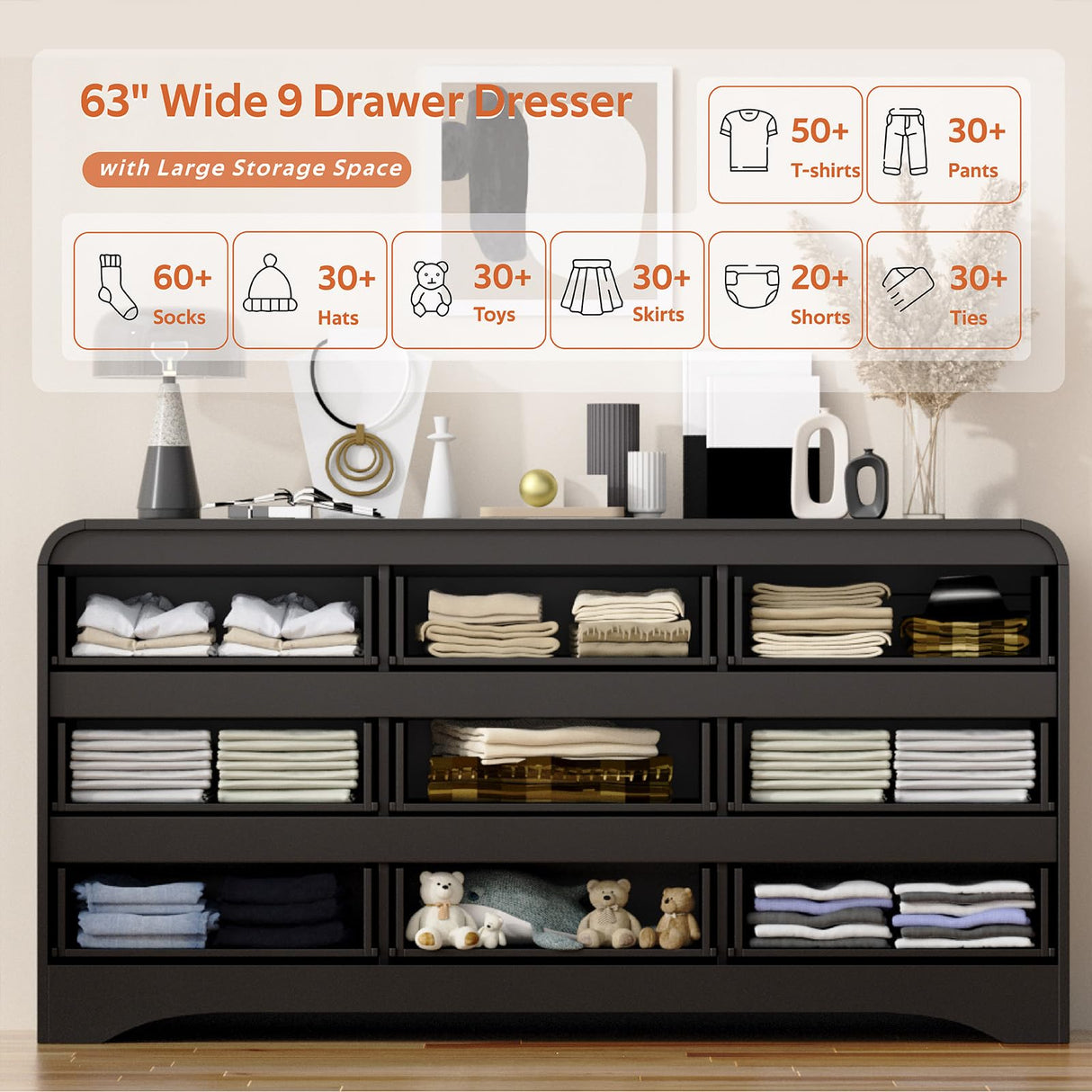 Dresser for Bedroom with 9 Drawers, 63" Large Modern Dressers & Chest of Drawers with Curved Profile Design, Wood Closet Clothes Storage Long Dressers Organizer for Bedroom Living Room Hallway, Black SOLACE FURNITURE