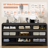 Dresser for Bedroom with 9 Drawers, 63" Large Modern Dressers & Chest of Drawers with Curved Profile Design, Wood Closet Clothes Storage Long Dressers Organizer for Bedroom Living Room Hallway, Black SOLACE FURNITURE