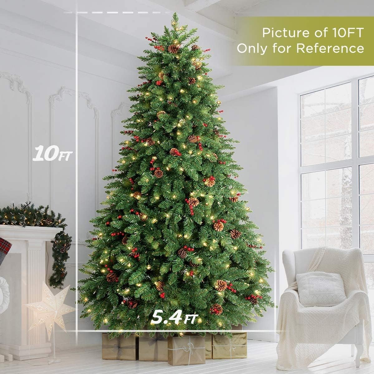 OasisCraft 10FT Christmas Tree Prelit, Artificial Christmas Tree Decorated with Berries and Pine Cones, Tall Xmas Tree with Metal Base, Full, Green